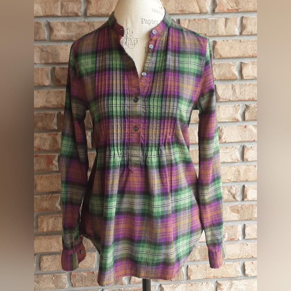 Lands' End Green and Purple Plaid Tartan Long Sleeve Blouse